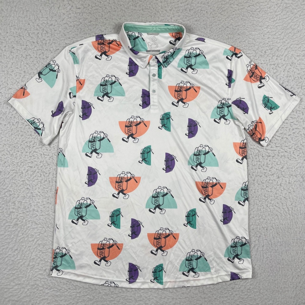 Swannies Golf Polo Mens 2XL White Hot Dog Print Performance Short Sleeve Shirt